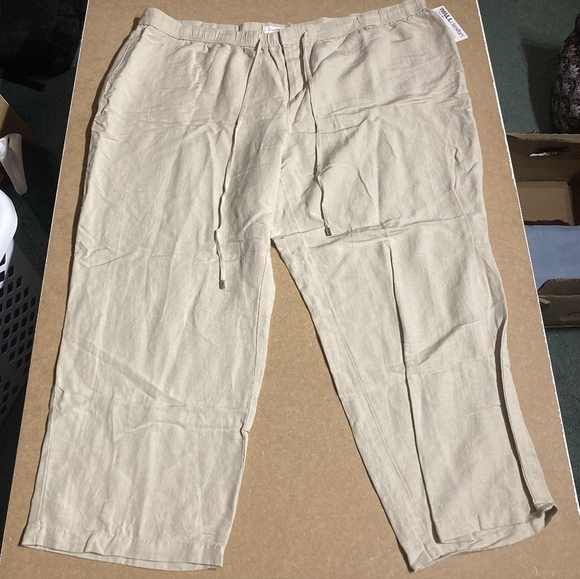 NWT Calvin Klein Tan Khaki Linen Blend Drawstring Wide Leg Pants Womens Size 24W - Picture 1 of 5